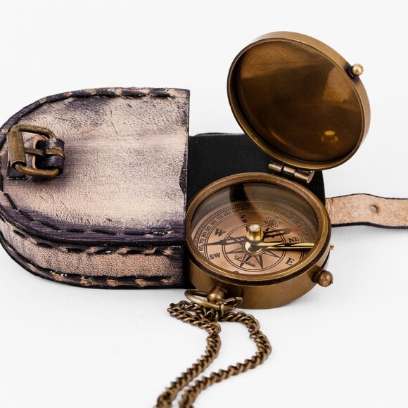 Vintage Brass Compass 2" Engraved "Find Your Way Back Home w/ Leather Cover - Picture 9 of 16